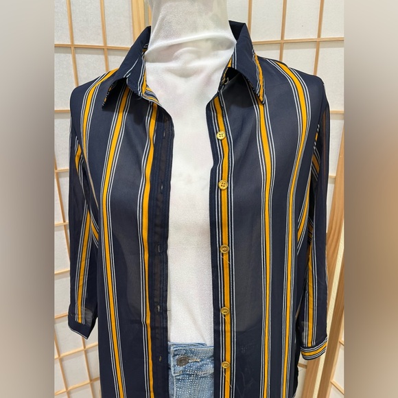 Cute navy blue/white/yellow coverup kimono/ asymmetrical long blouse 👘 - Picture 2 of 6